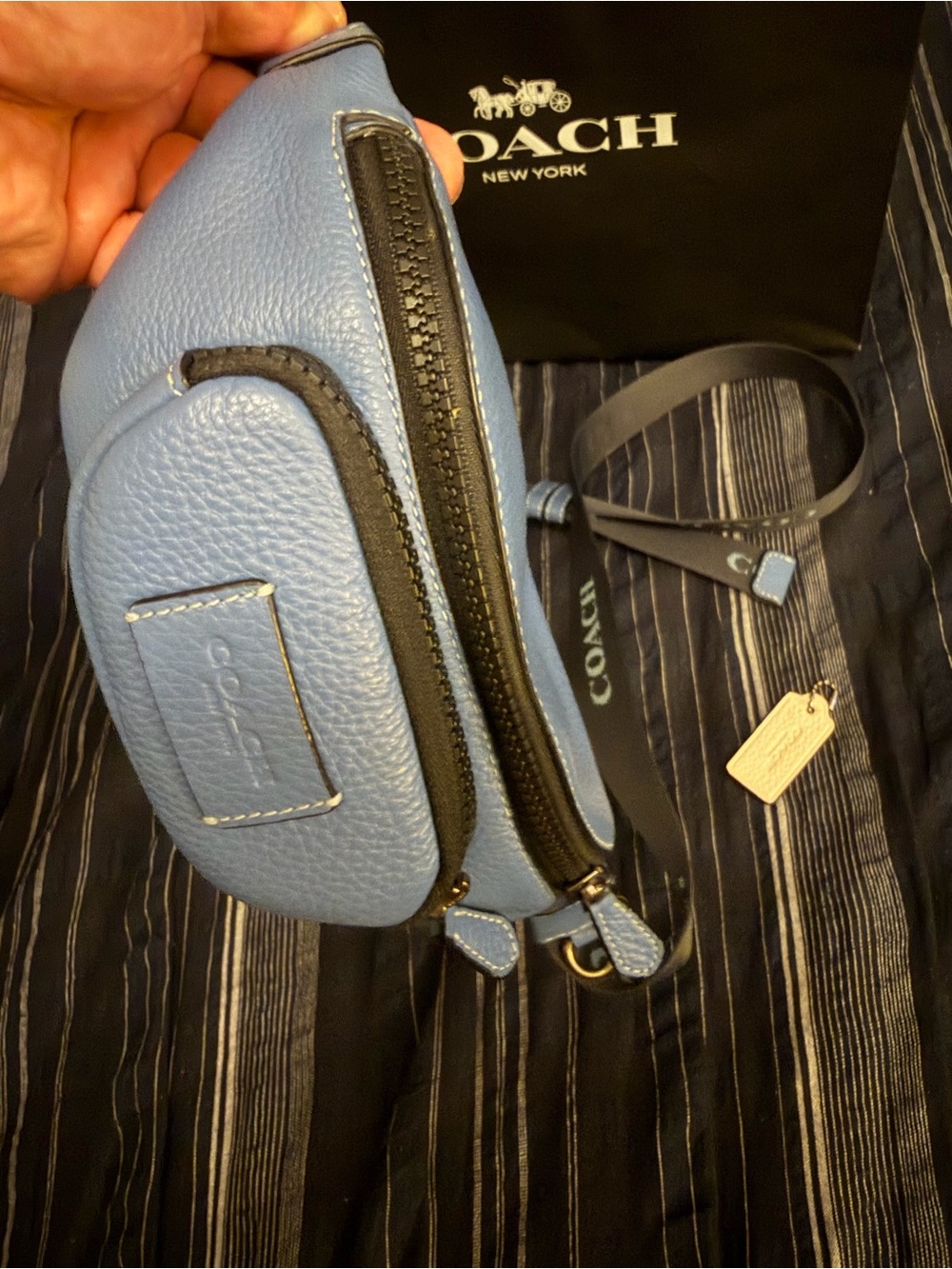 Coach Light Blue Pebbled Leather Waist Bag with Logo Strap - Picture 3 of 11